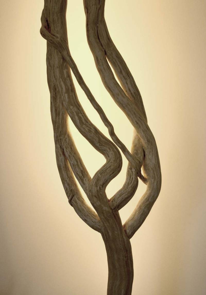 Lampadaire en bois flotté, design brut et naturel par le sculpteur et artiste français Frédéric Ansermet