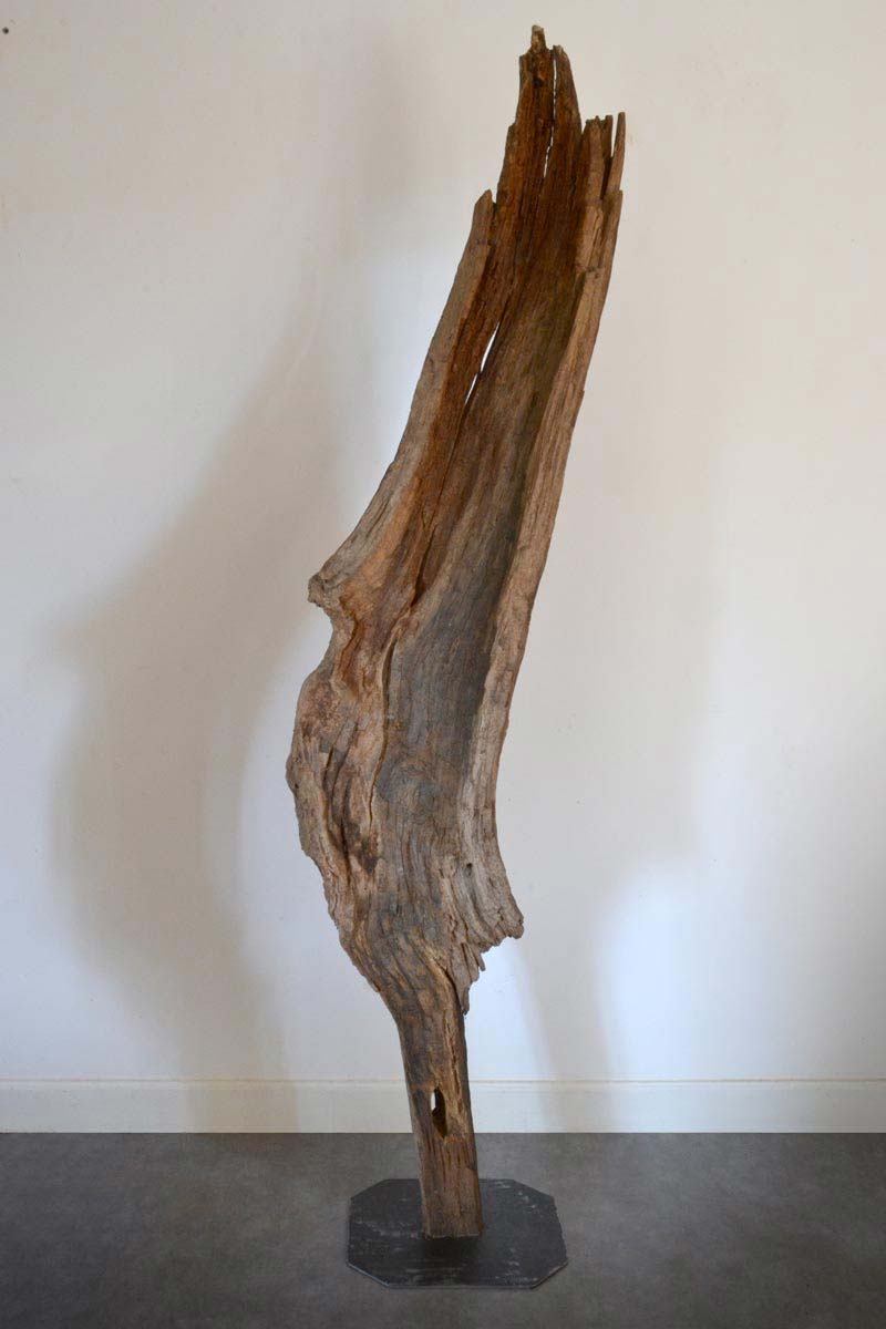 Sculpture bois sur socle acier par le sculpteur Frédéric Ansermet