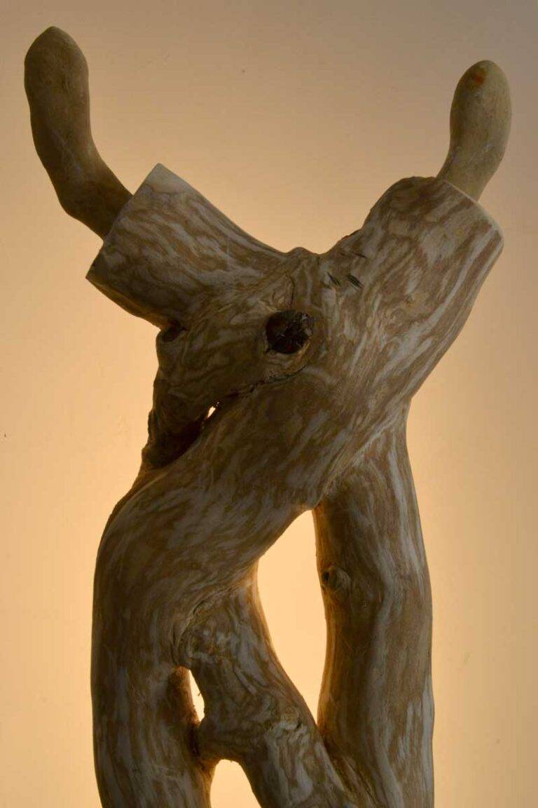 Sculpture bois naturel, Silex, socle acier